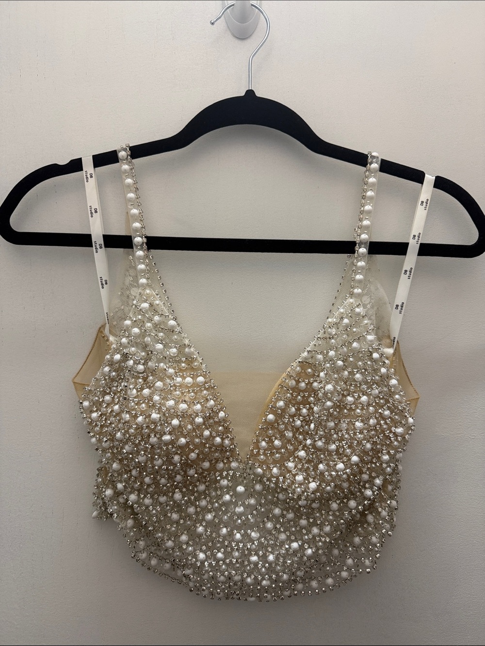 Embellished Pearl and Crystal Crop Tank Top - Cream
